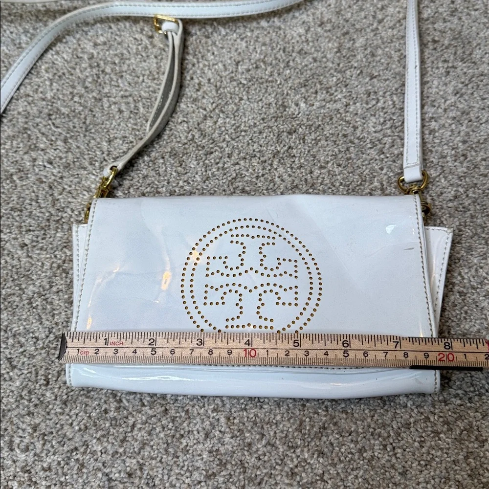 Tory Burch Kipp Perforated Logo Patent Leather Crossbody Bag White Gold